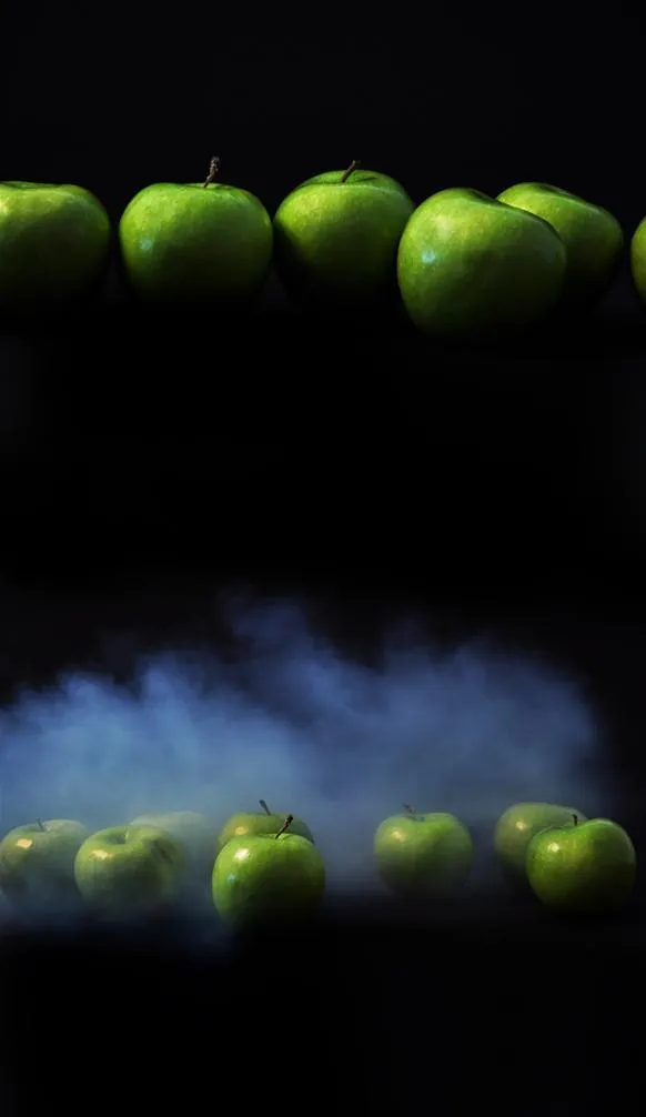 Green apples arranged above a misty surface.