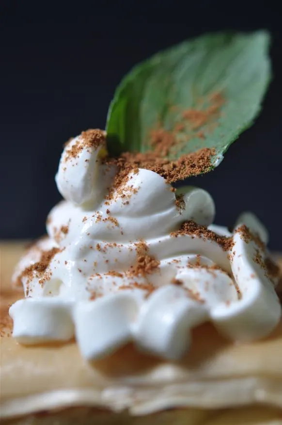 Whipped cream topped with a mint leaf and a sprinkle of cocoa.
