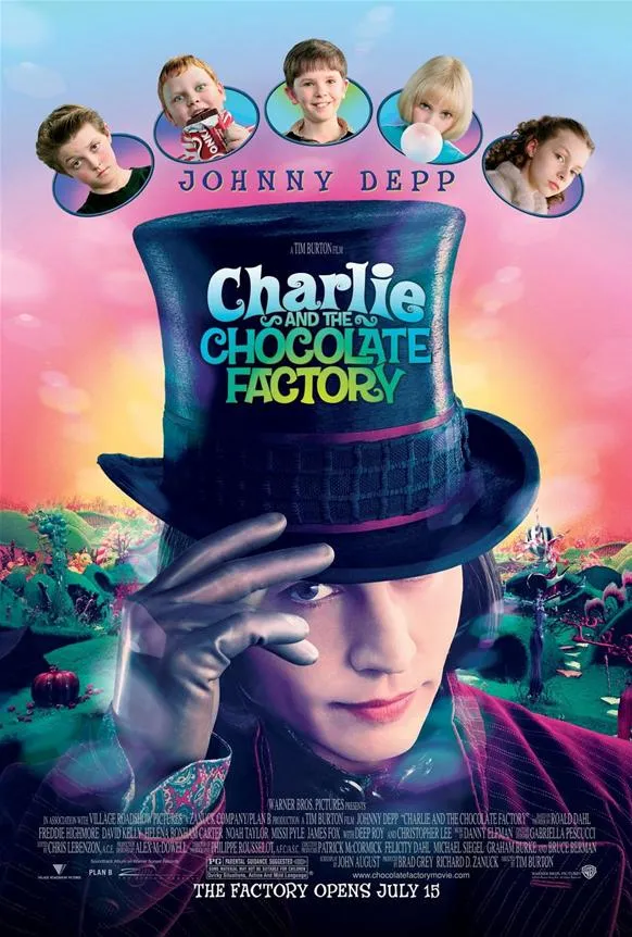 "Movie poster for 'Charlie and the Chocolate Factory' featuring Johnny Depp as Willy Wonka."