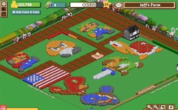 Farm layout with various structures and patterns in a game.