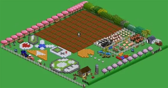 A colorful, illustrated farm layout featuring crops, livestock, and various farming structures.