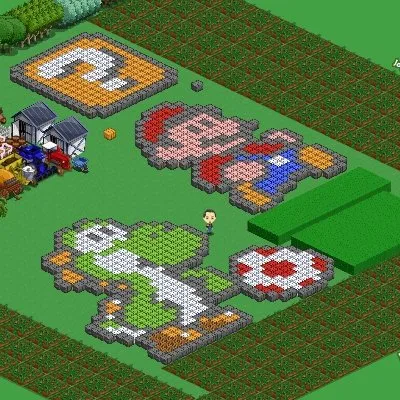 Pixel art featuring Mario and Yoshi in a colorful landscape.