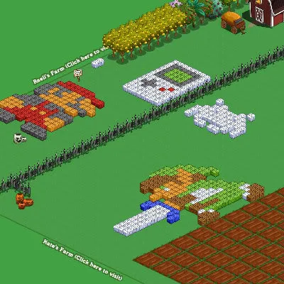 Pixel art representation of farm scenes and retro gaming devices.