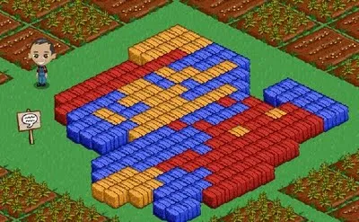 Pixel art representation of a character created using colored blocks on a green landscape.