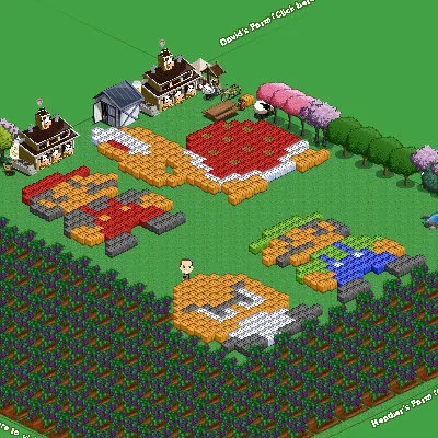 Pixel art landscape featuring colorful designs of characters and structures surrounded by trees and flowers.