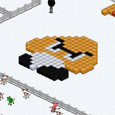 Pixel art of a cartoon character in a snowy landscape.