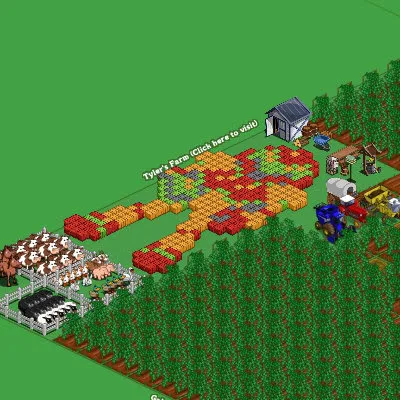 Aerial view of a colorful farm layout with fields, trees, and structures.