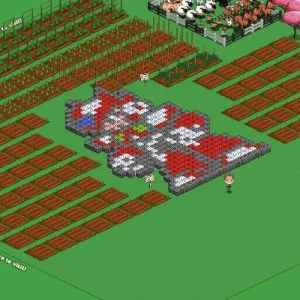 Pixel art farm layout with crops and structures.