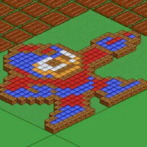 Pixel art representation of a character made from colored blocks.