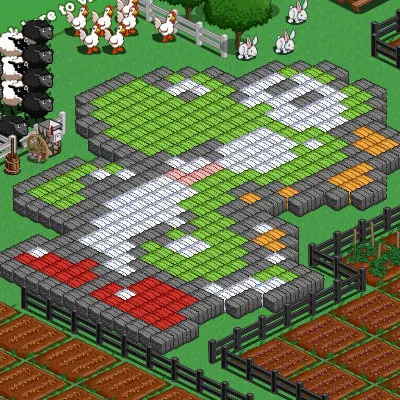 Pixel art representation of a green dinosaur near farm animals and crops.