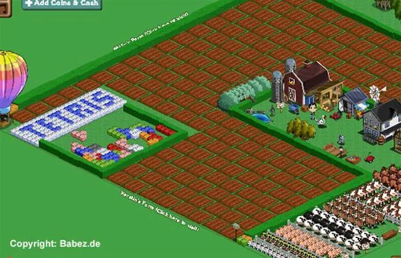 A colorful farm scene with crops, animals, and a barn, featuring a pixel art arrangement spelling "TETRIS."