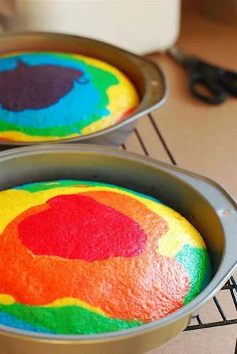 Colorful rainbow cake layers in two round baking pans.