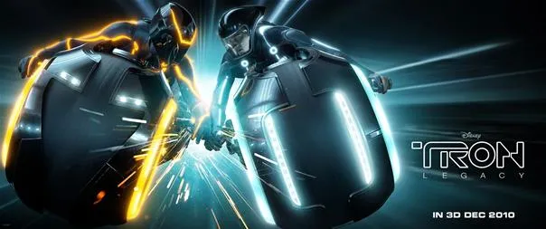 Tron Legacy movie poster featuring two futuristic light cycle riders.
