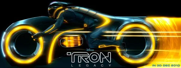 Tron Legacy promotional image featuring a futuristic motorcycle and rider with glowing accents.