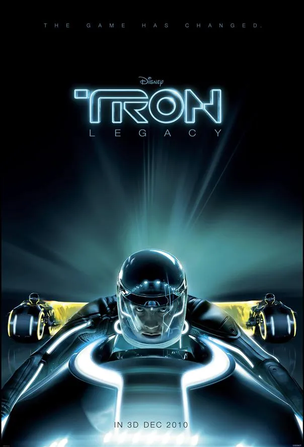 Tron: Legacy movie poster featuring a futuristic motorcycle and rider.