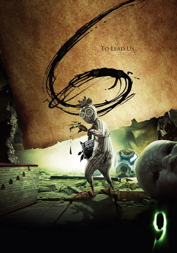 A stylized representation of a creature in a dystopian setting, featuring a large numeral "9" and dark themes.