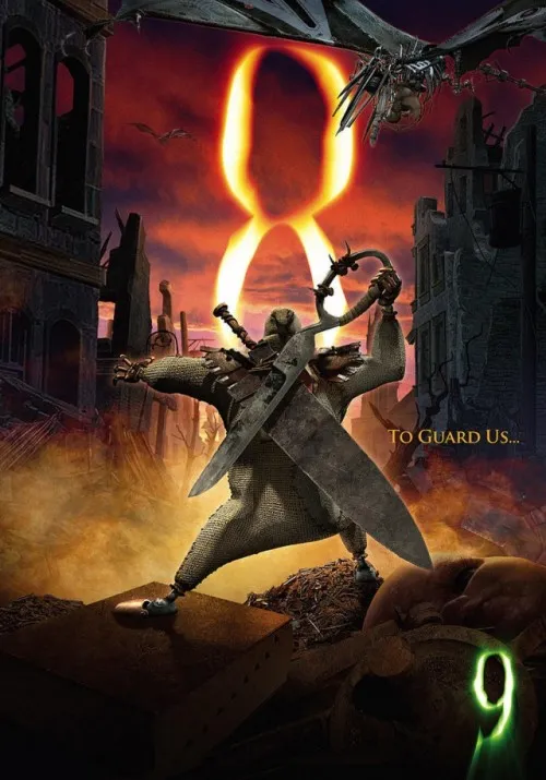 A character wielding weapons in a post-apocalyptic landscape with a glowing number 8 in the background.