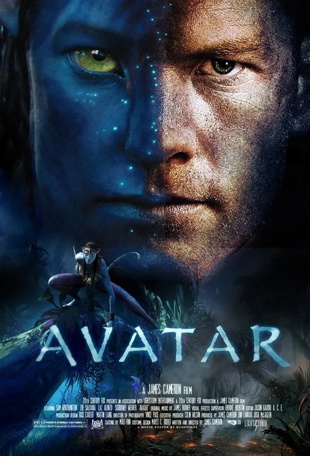 Avatar movie poster featuring a split image of a blue-skinned Na'vi character and a human male.