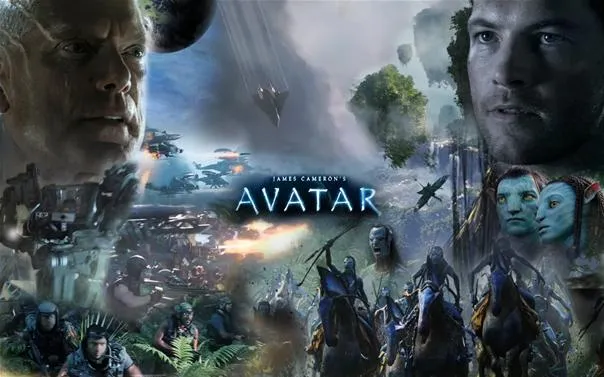 "Promotional artwork for the film Avatar, featuring characters and landscapes from the movie."