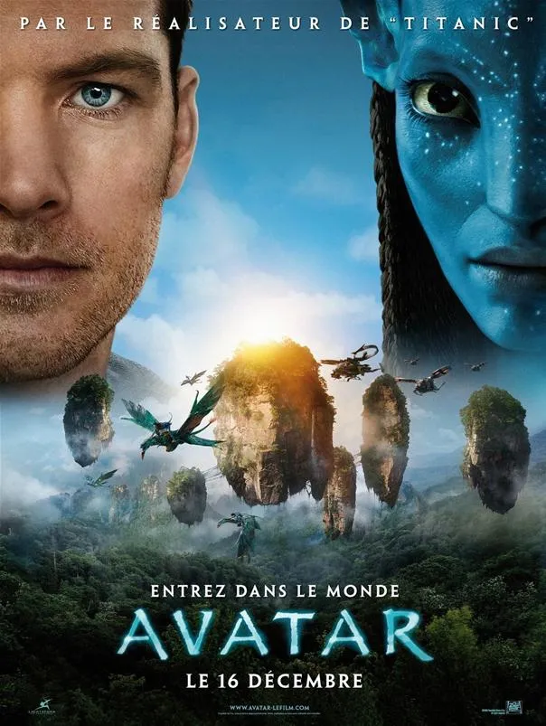 Avatar movie poster featuring a close-up of a human and Na'vi character against a scenic background.