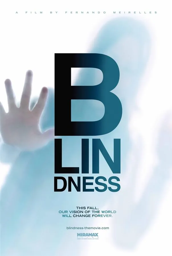 A blurred figure with a hand raised against a translucent surface featuring the title "BLINDNESS."
