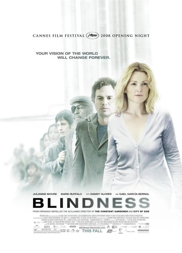 Blindness movie poster featuring a woman in focus with blurred figures behind her.