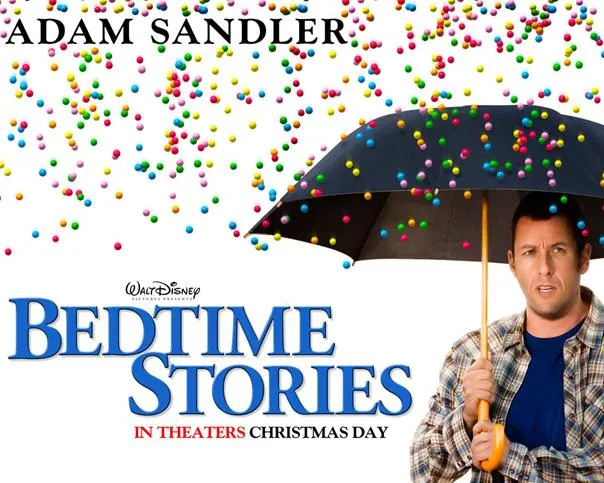 Adam Sandler holding an umbrella with colorful confetti in the background for the movie "Bedtime Stories."