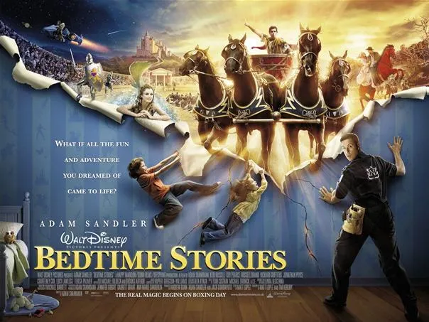 Bedtime Stories movie poster featuring a whimsical scene with characters and horses.