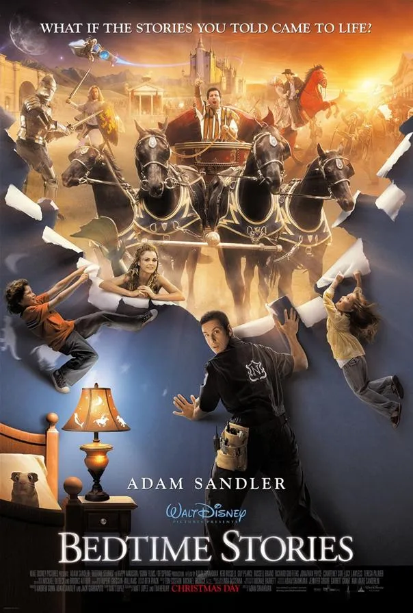 "Bedtime Stories movie poster featuring Adam Sandler in a fantastical setting."