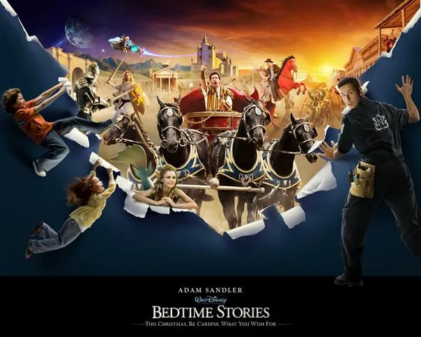A montage of characters and scenes from the movie "Bedtime Stories" featuring vibrant colors and fantastical elements.