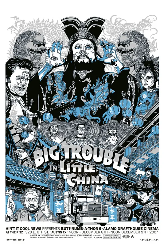 Big Trouble in Little China movie poster featuring stylized graphics and character illustrations.