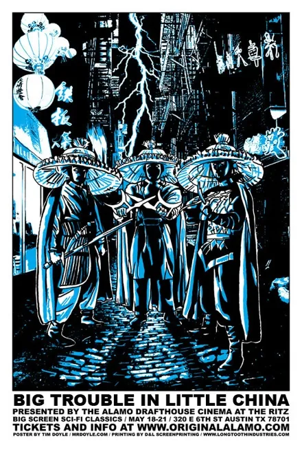 Big Trouble in Little China movie poster featuring stylized characters in a neon-lit city setting.