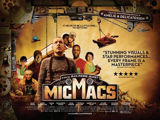 Micmacs movie poster featuring a group of characters and text promoting its reviews.