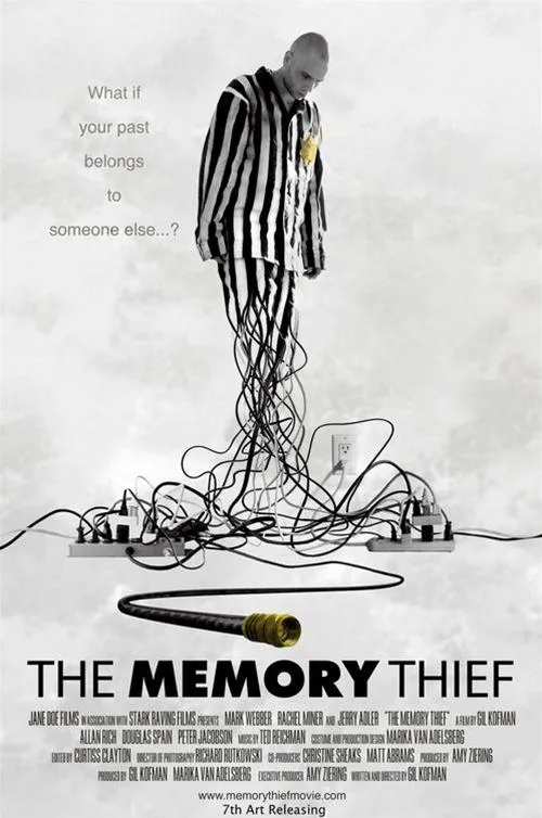 The Memory Thief movie poster featuring a man in a prison outfit with a microphone cord entwined around him.