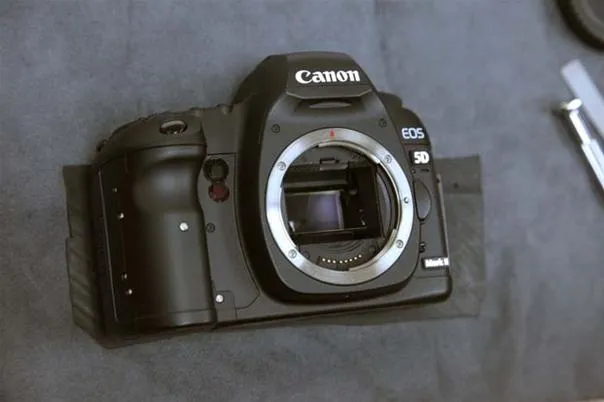 Canon DSLR camera on a flat surface.