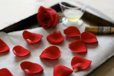 Rose petals arranged on a tray with a rose and a small dish of oil.