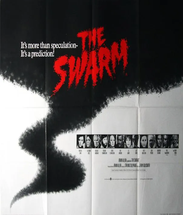 Film poster for "The Swarm" featuring dramatic title text and a swirling pattern.