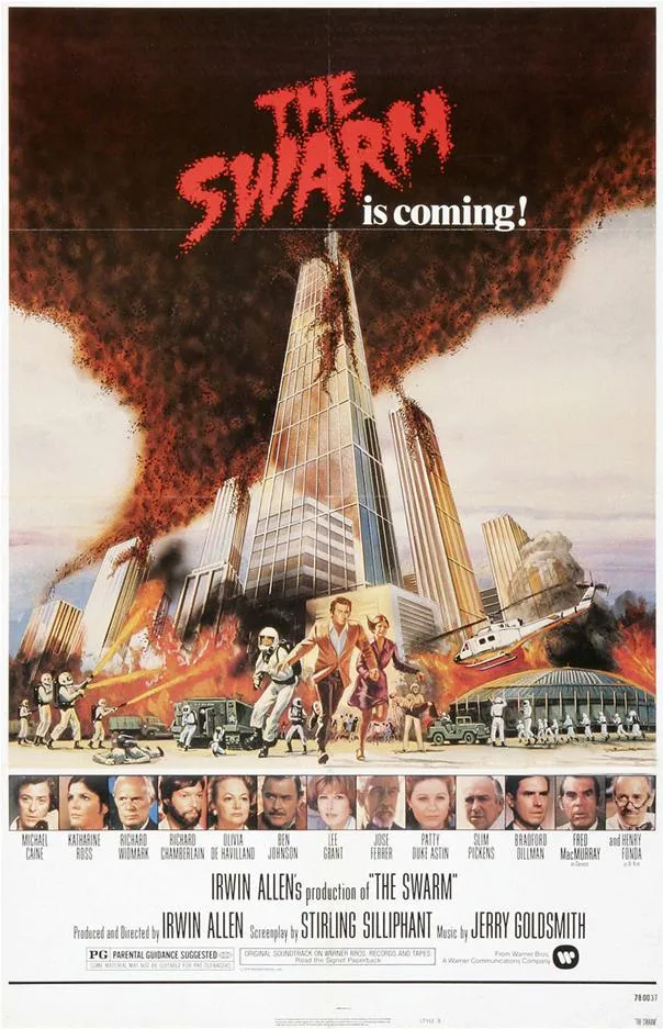 A promotional poster for the 1978 film "The Swarm," featuring a city under attack by a swarm of bees.