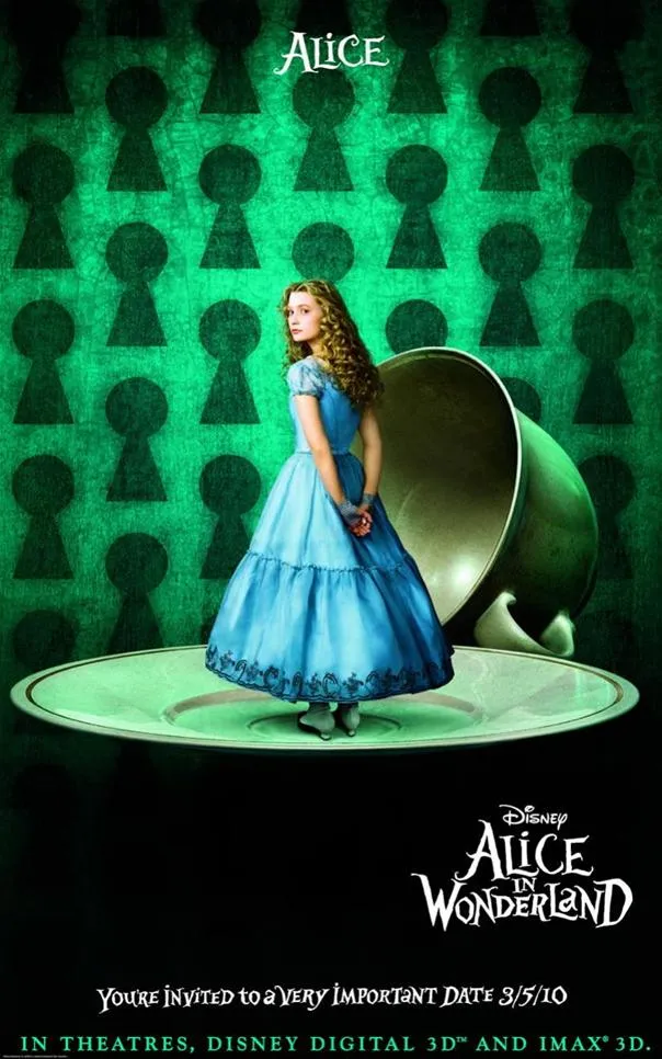 Alice in Wonderland movie poster featuring a girl in a blue dress standing in front of keyholes.