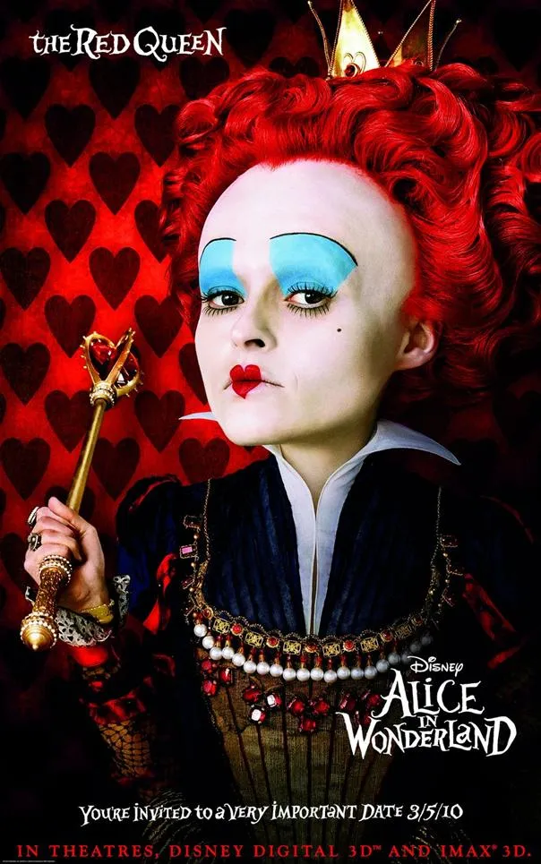 The Red Queen from Alice in Wonderland, styled with bold makeup and a dramatic costume against a heart-patterned background.