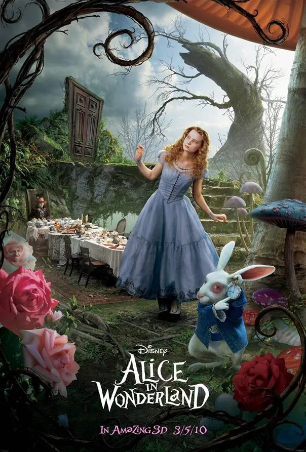 Alice in Wonderland movie poster featuring a girl in a blue dress with a white rabbit and a whimsical background of flowers and trees.