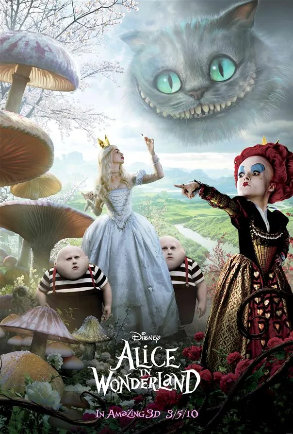 Alice in Wonderland themed illustration featuring characters such as a girl in a blue dress, a red-haired queen, and whimsical creatures in a colorful landscape.