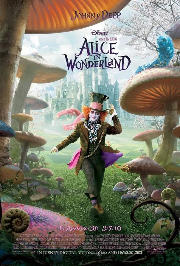 Alice in Wonderland movie poster featuring the Mad Hatter among colorful mushrooms.