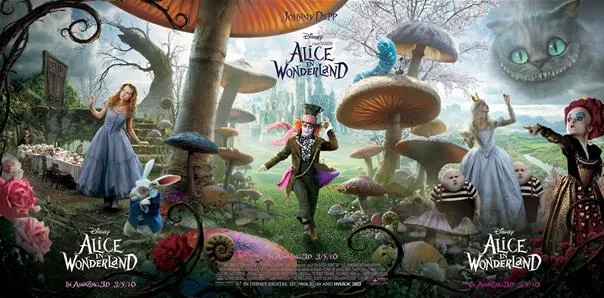 Alice in Wonderland-themed fantasy scene featuring characters amidst oversized mushrooms and whimsical landscapes.