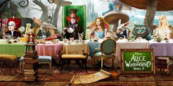Alice in Wonderland themed tea party featuring various characters from the story.