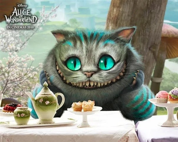 Cheshire Cat from "Alice in Wonderland" at a whimsical tea party.