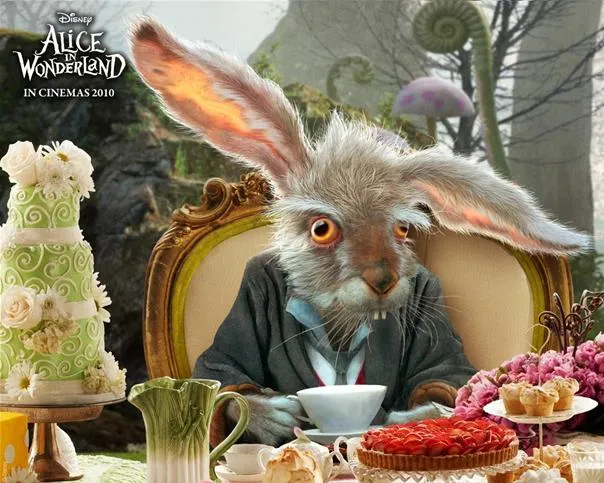 The Mad Hatter from "Alice in Wonderland" sitting at a whimsical tea party.