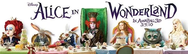 Alice in Wonderland themed promotional artwork featuring various characters at a tea party.