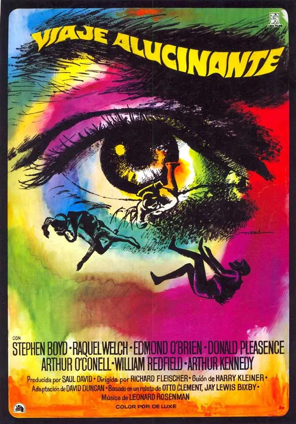 Vintage movie poster for "Viaje Alucinante" featuring a colorful eye design.