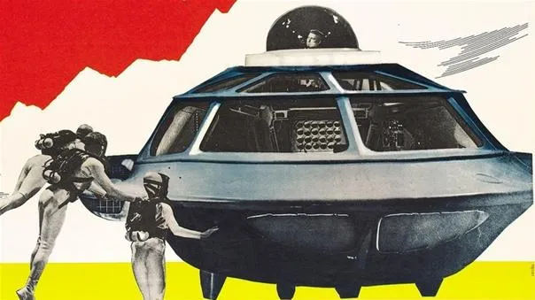 Retro futuristic spacecraft with two astronauts.